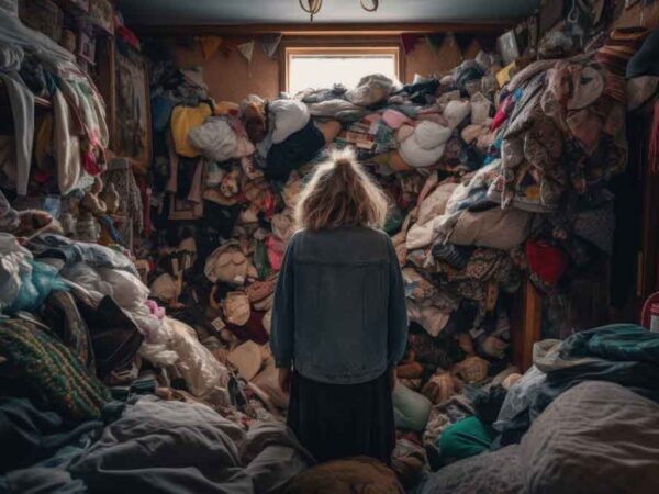 senior woman surrounded by a large mound of clothing from hoarding